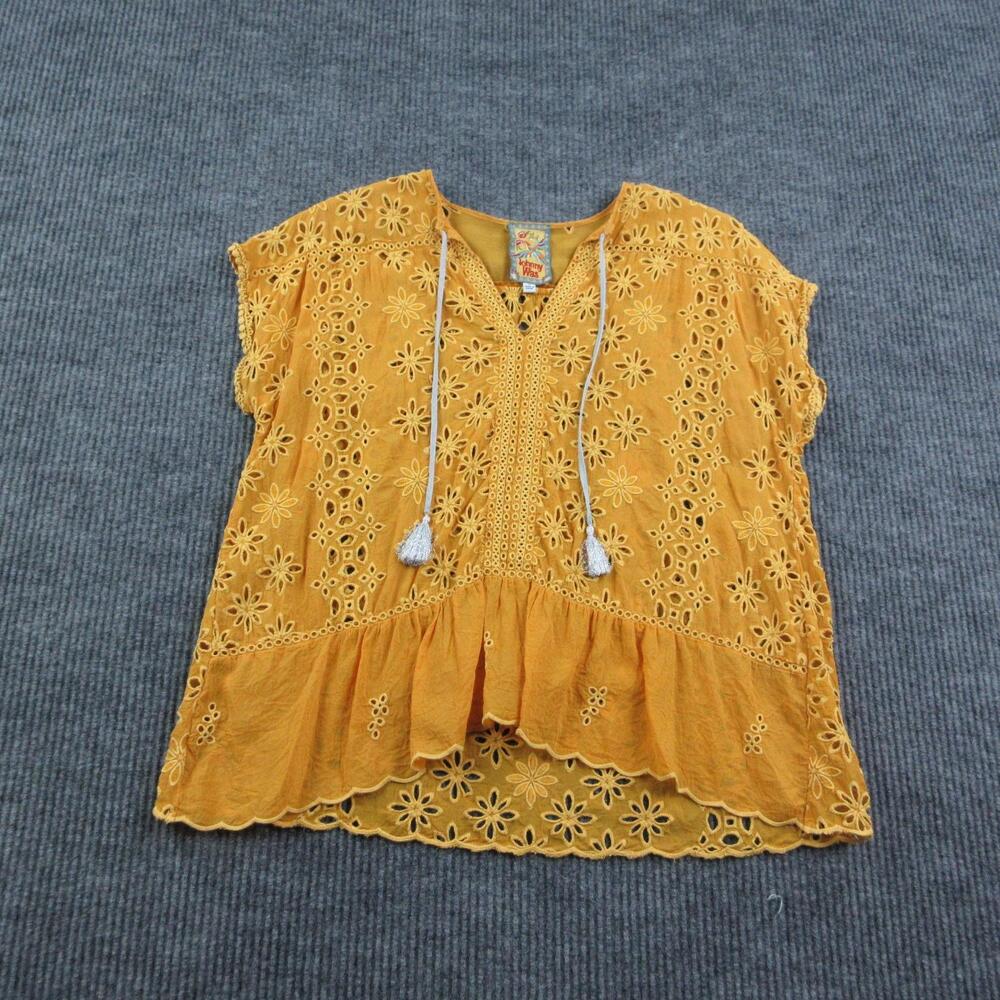 Johnny Was Blouse Womens M Yellow Tunic Rayon Embroidered Tassel Ruffle Sheer